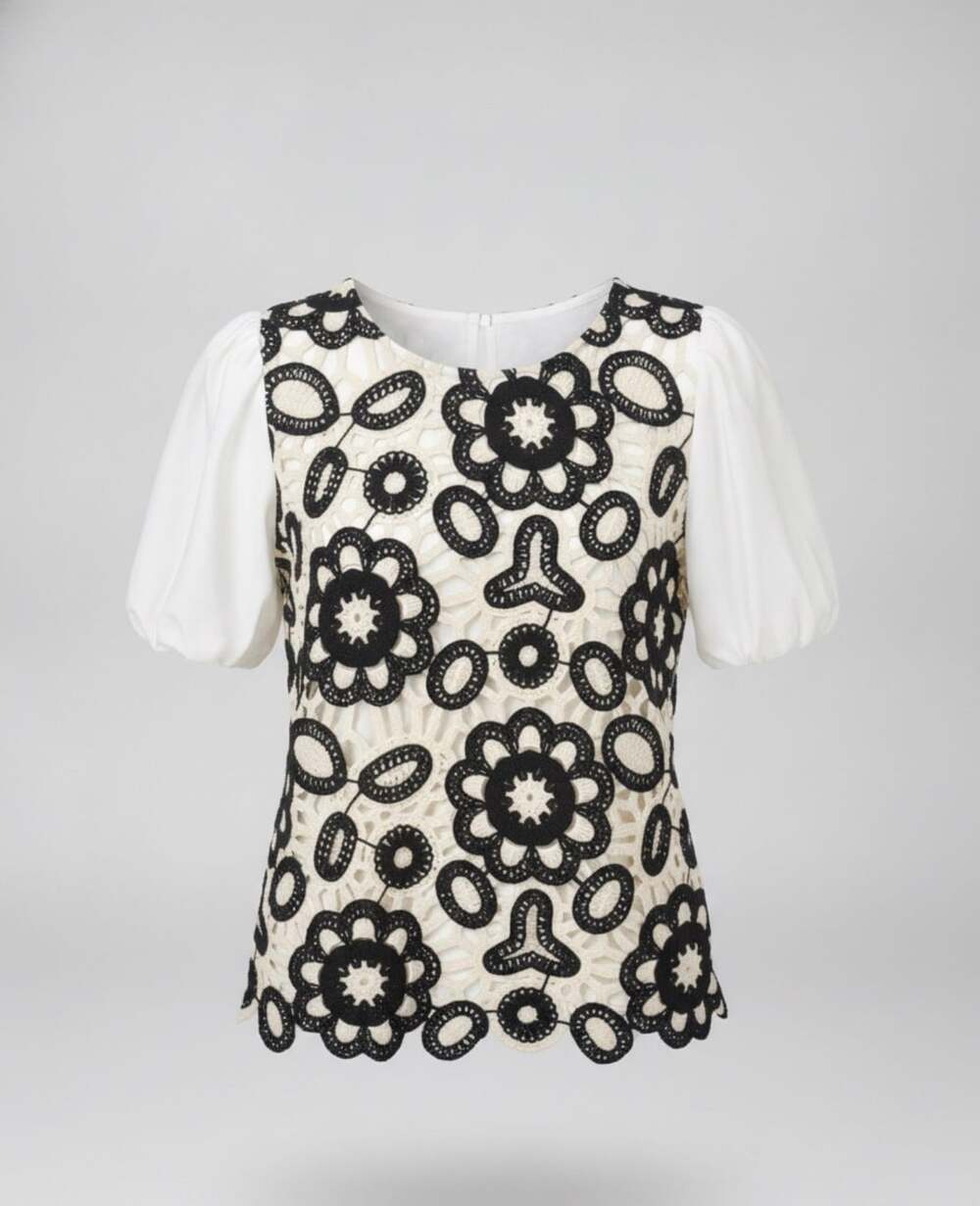 Cato Collection Crochet Blouse Size M White Black Floral Top